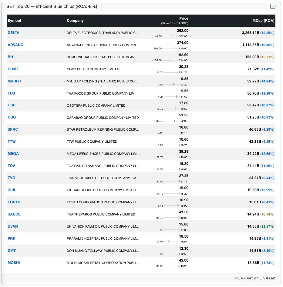 Top SET stocks by MarketCap with High ROA Top SET stocks by MarketCap with High ROA